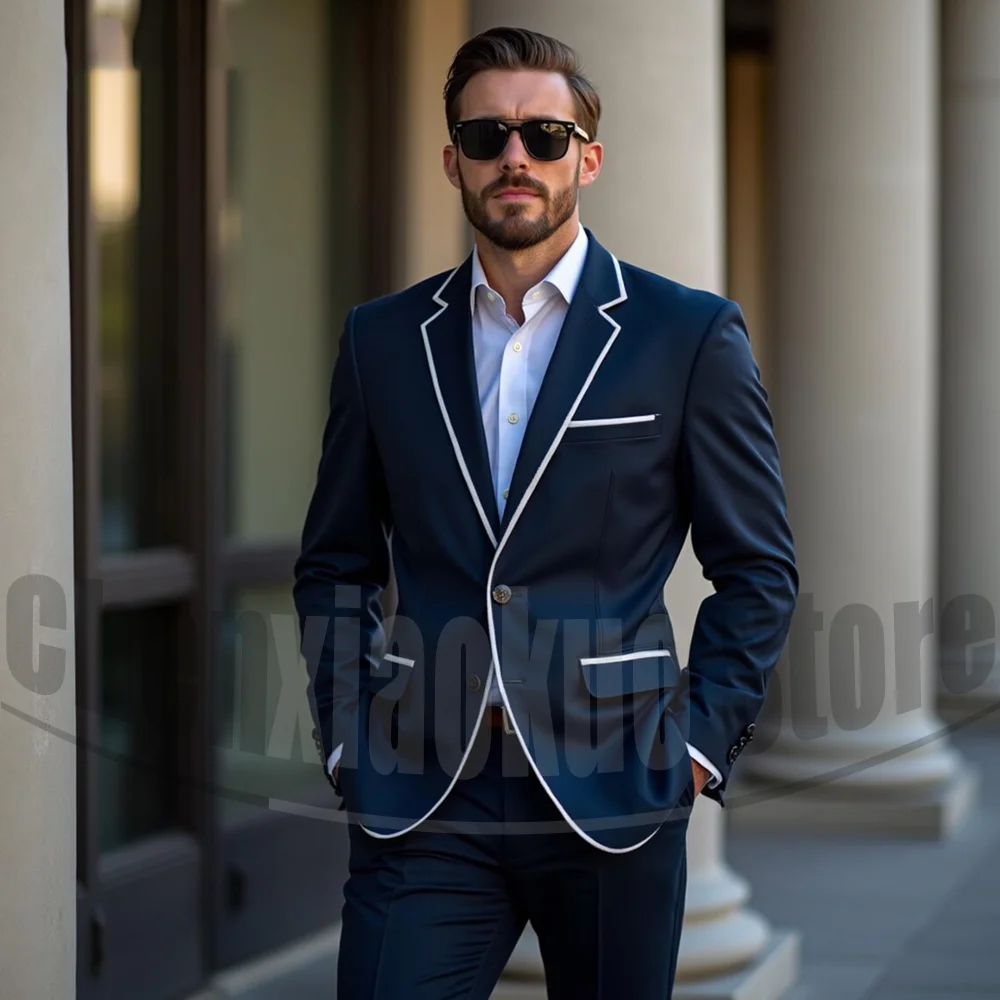 

Men's Navy Blue Suit with White Piping Trim Slim Fit Single Breasted Blazer and Pants Set Formal Business Wedding Party Tuxedo