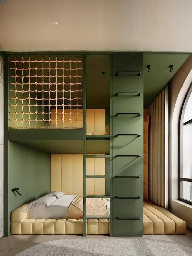 Nowoczesne minimalistyczne łóżko, łóżko w kształcie domku na drzewie, domek do zabawy dla dzieci z możliwością wspinaczki