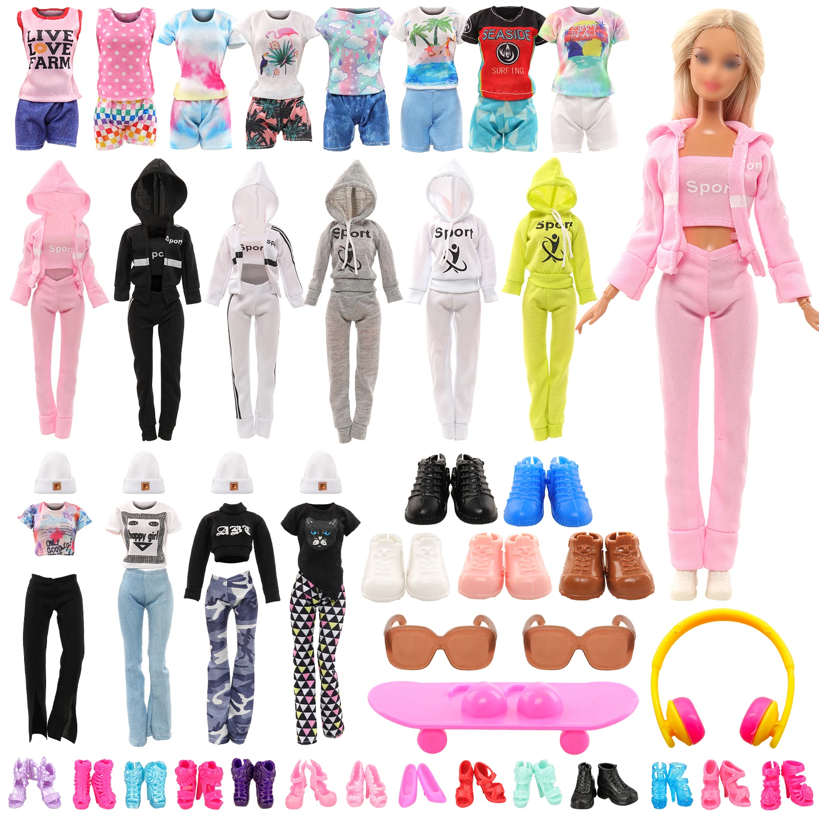 

Barwa Sport Style Doll Clothes=1 Sport Set+1 Sportwear+2Top Pants Hats+4Top Shorts+15 Shoes+1 Skateboard+2 Glasses For 11.5 Inch