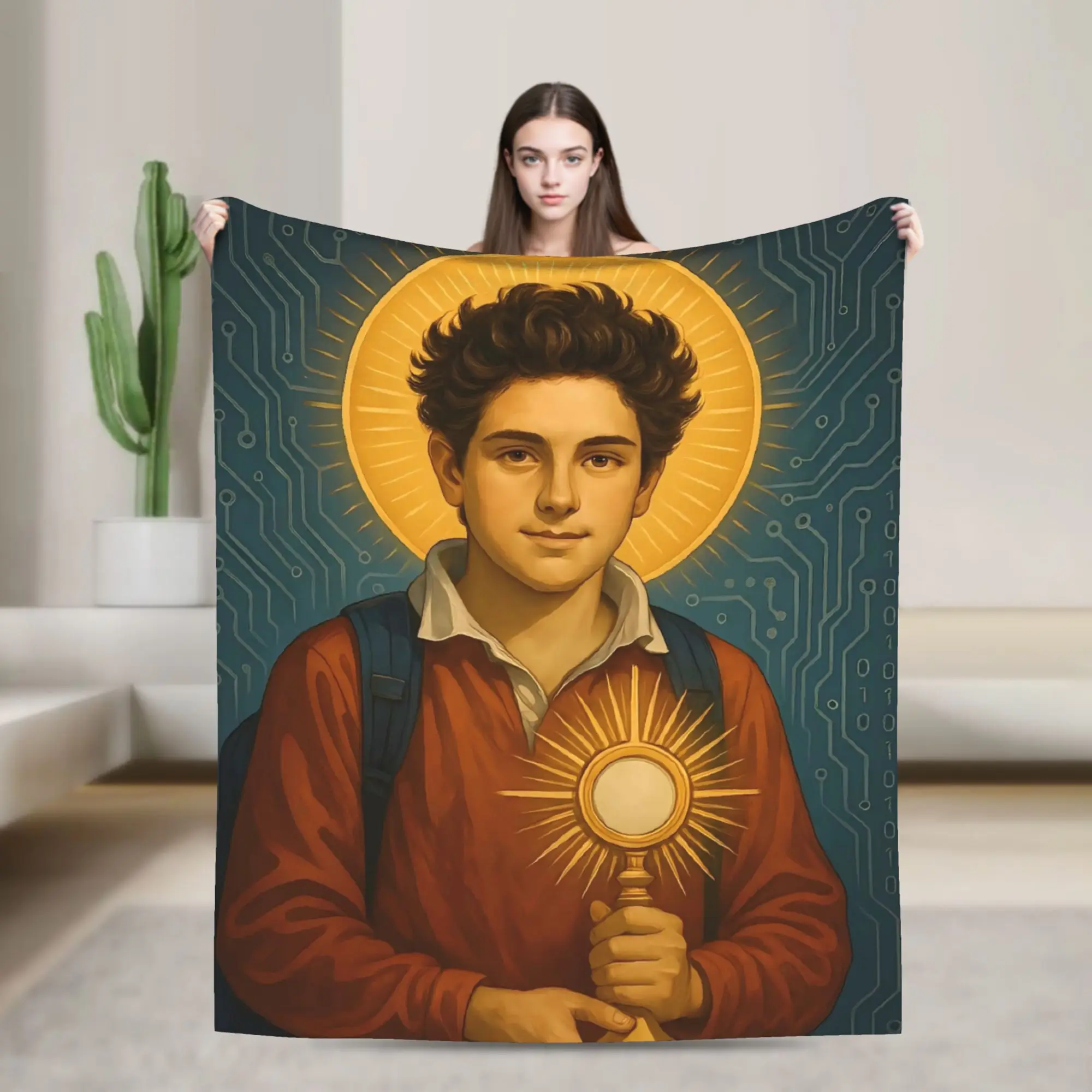 Mantas de franela de Saint Carlo Acutis, manta suave y duradera para sala de estar, colcha gráfica de viaje, funda para sofá cama
