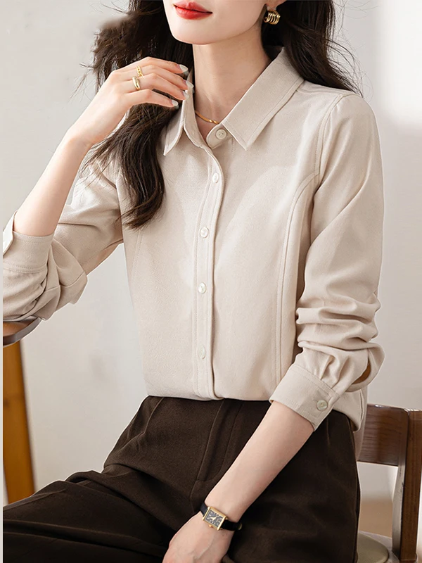 루즈핏 롱 슬리브 여성 봄 신상 싱글 버튼 솔리드 컬러 브루드 폴리에스터 편안하고 통기성 좋은 한국 스타일