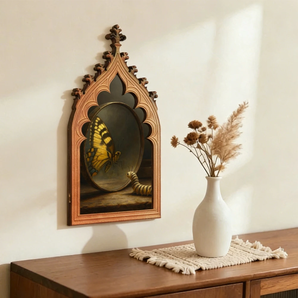 Cross-Border Gothic Church Window-Shaped Vintage Butterfly and Caterpillar Wooden Wall Plaque For Dark Retro Home Wall Decoratio
