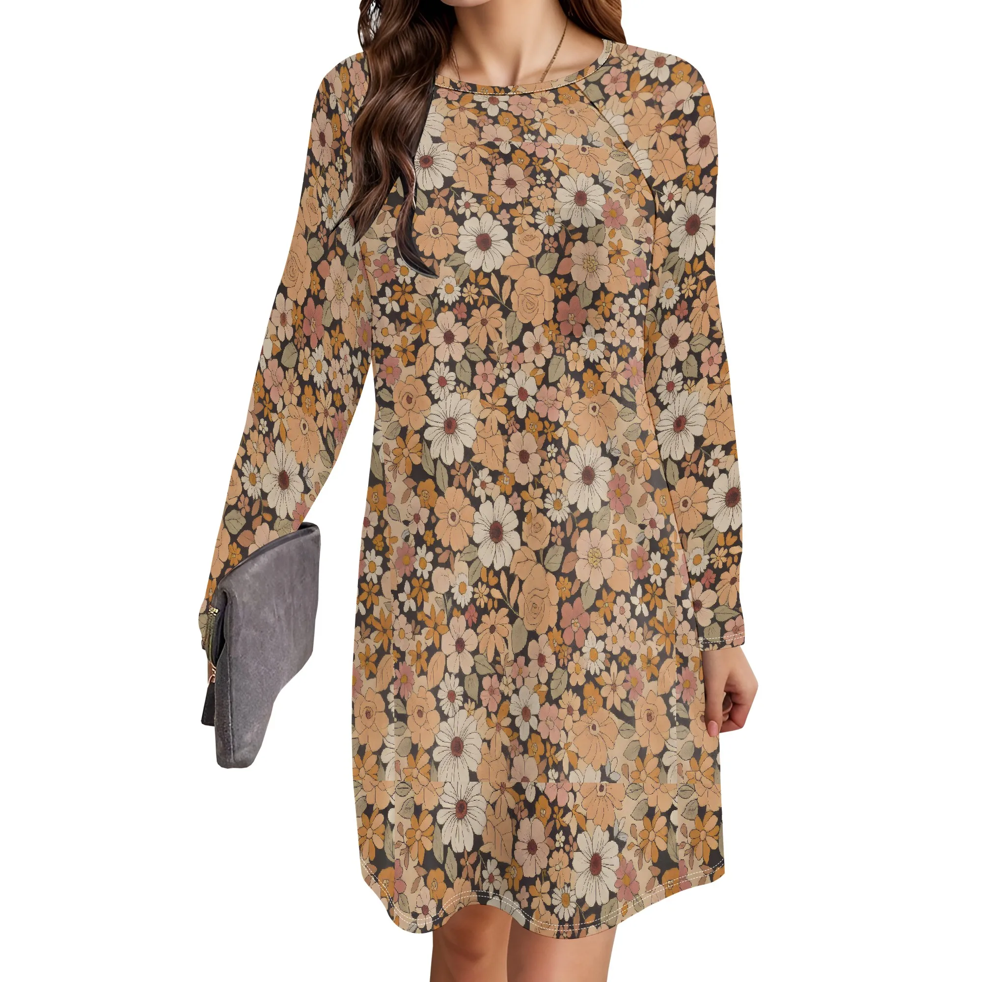 

Spring Fall Tie Waist Casual Long Sleeve Mini Dress Elegant Tummy Control Empire Waist Dress for Women