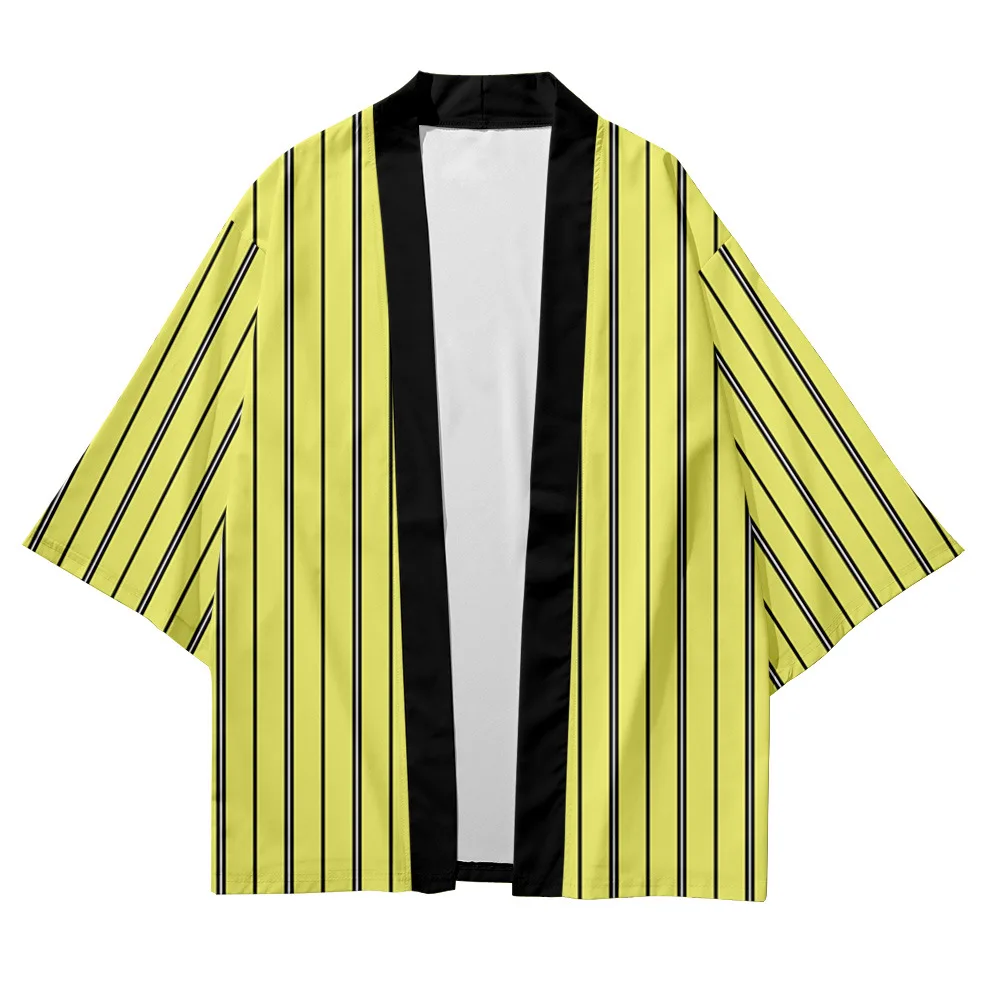 كيمونو الشارع الشهير الرجال النساء سترة Haori يوكاتا بلايز رداء الملابس حجم كبير أصفر أزرق برتقالي شريط الشاطئ النمط الياباني #1