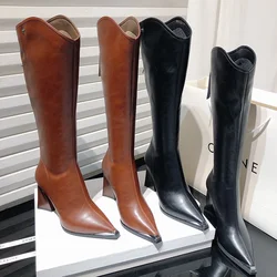 Street Style Winter Women Knee High Boots Fashion Pointed Toe Shoes Concise Long Botas De Mujer