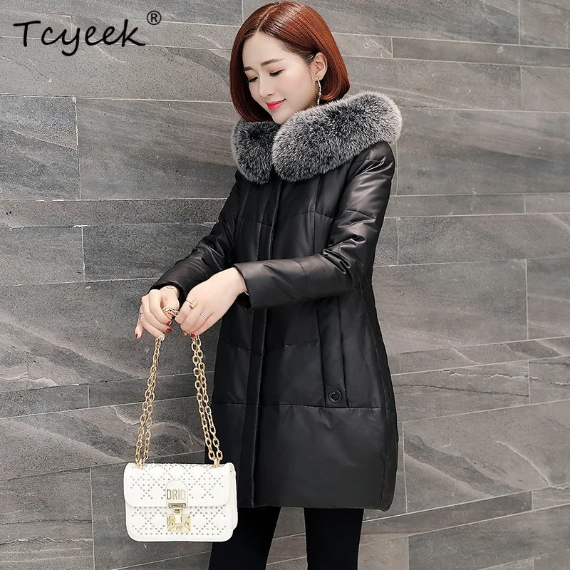 Tcyeek Schaffell Weiße Entendaunen Herbst Winter High-End-Kapuze Schwarz Mittellange Damen-Echtlederjacke Jaqueta Couro