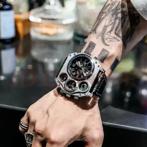 Military-Style Large Dial, High-End Luxury, Fashionable Casual Men's Watch, Dual Time Zone, Punk Gothic Style, Unique Street Cool Versatile Social Guy Trendy Men's Wristwatch