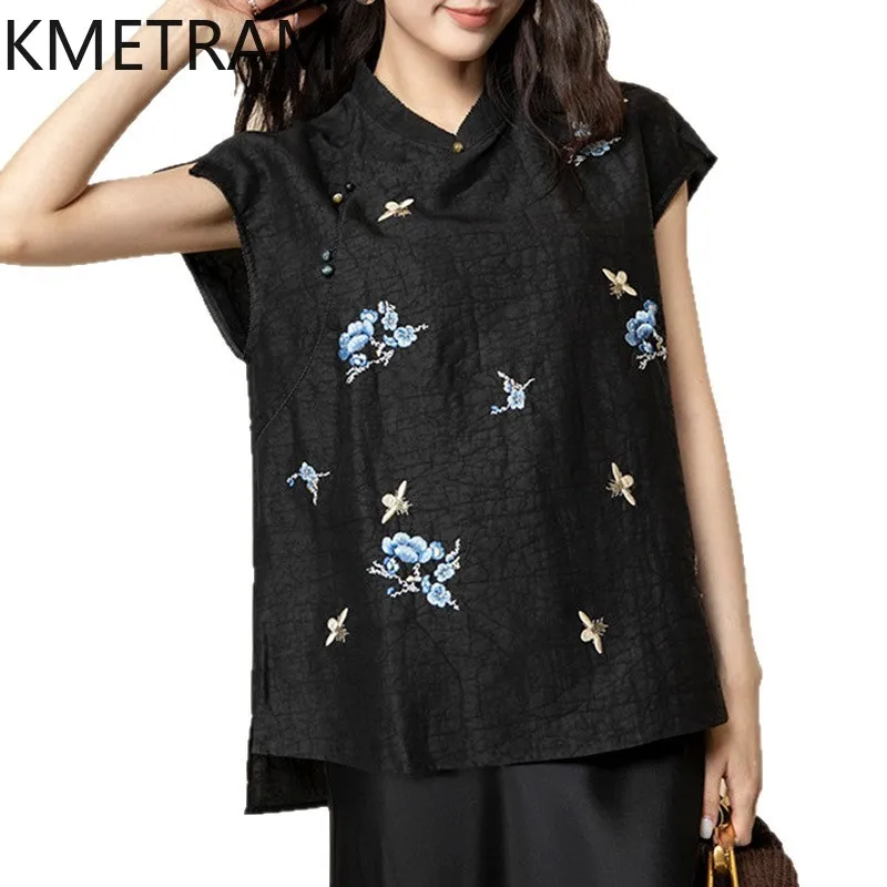 

KMETRAM 25MM 100% Mulberry Silk Women T Shirts Elegant Xiangyun Sha Embroidery Summer Tops Casual T Shirt 2026 Woman Clothes 반팔티