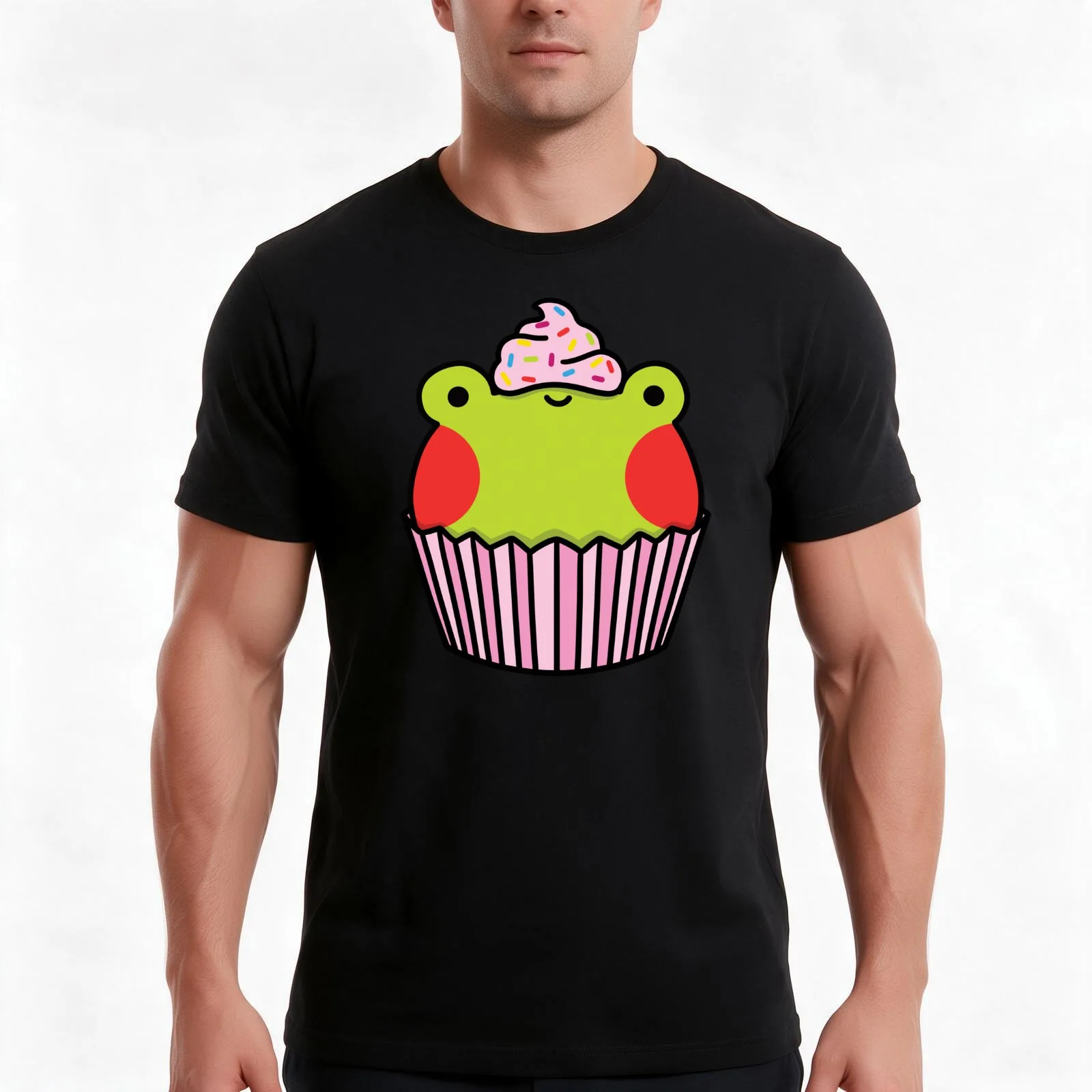 Frog cupcake with pink frosting T-Shirt, Summer Casual Cotton Tee, Oversized Streetwear Tops, Vintage Graphic Print, 100% Cotton