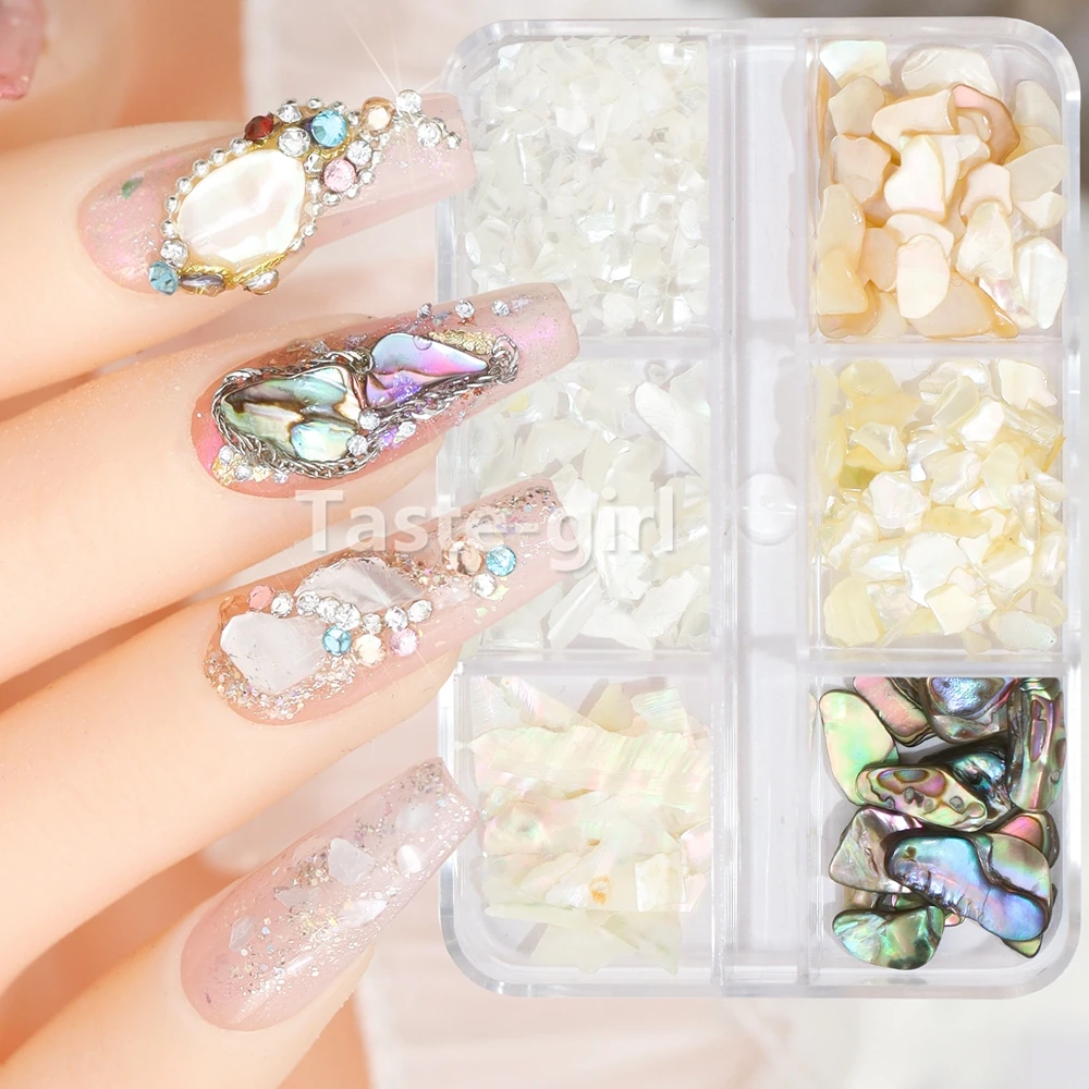 1กล่องเล็บธรรมชาติ Shell Fragments Flakes Glitter 3D ตกแต่งเล็บ Rhinestone เล็บ Pearl Shell Slice หิน