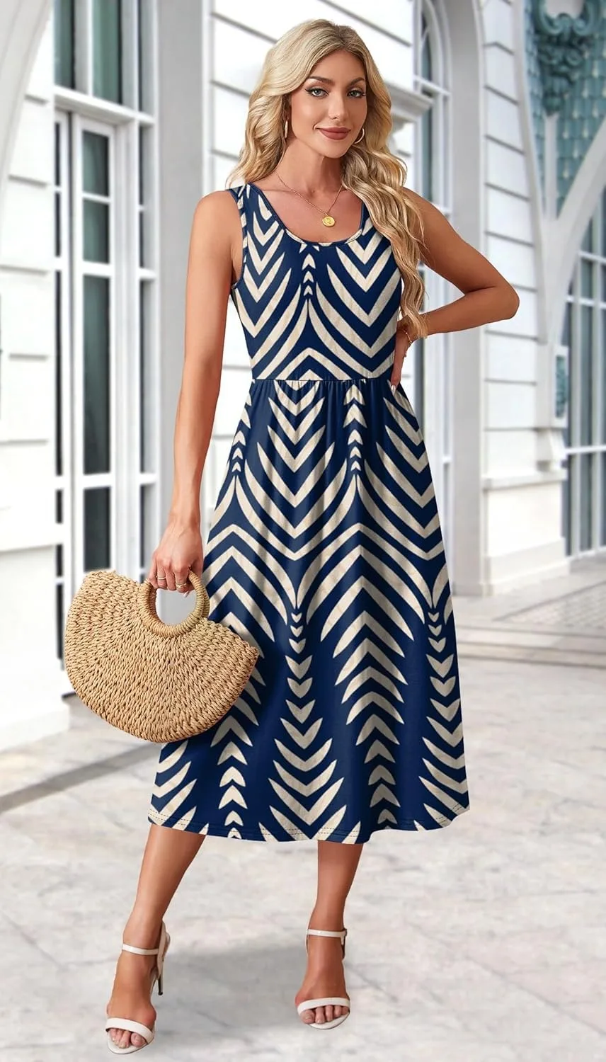 2026 Sommer Neue Kleider für Damen Bedrucktes Lässiges Midikleid Modisches Ärmelloses Rundhals-Strandkleid mit Taschen – Detail 10