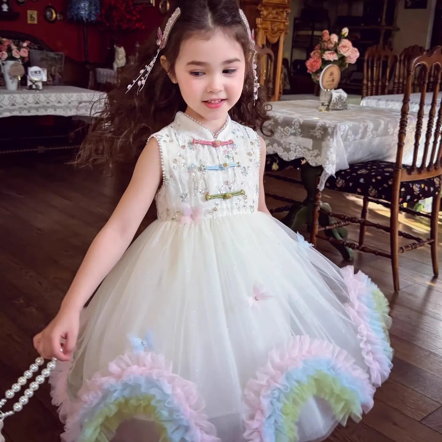 

New Chinese style children's Hanfu summer dress for girls, sleeveless mesh princess dress
