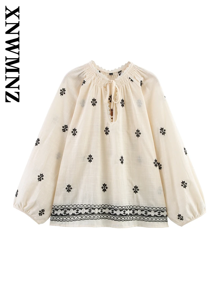 

XNWMNZ 2025 Summer New Woman's Vintage Casual V-Collar embroidery Shirt Fashion Spring Female Beige Long Sleeve Top Simple Tie