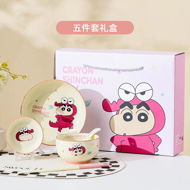 Hot Kawaii Crayon Shin Chan Animal Series Ceramic Tableware Set 5pcs Cartoon Ceramic Bowl Plate Dip Sauce Spoon Chopsticks Gifts