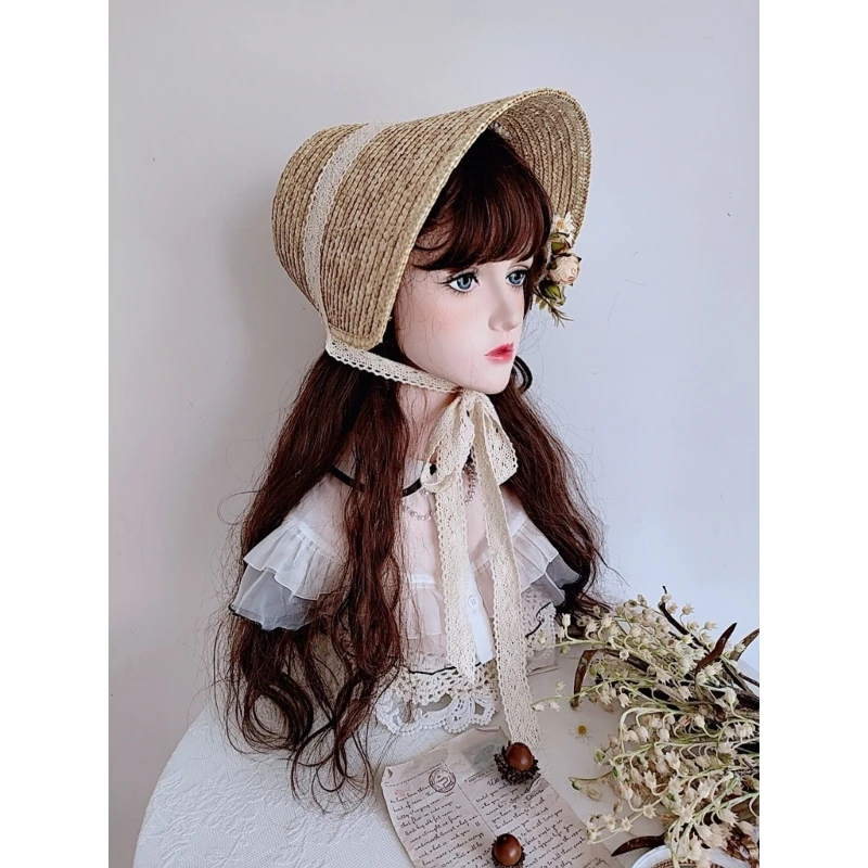 LolitaStyle Straw Hat for Women Girls French Party Hat Lace Patchwork Bonnet Handwoven Sun Hat Summer Headgear