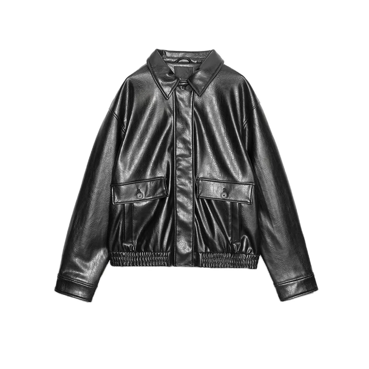 خريف جديد المرأة طويلة Sve بولي Leather الجلود الطيار Jaet معطف كيت مزين بدوره إلى أسفل طوق ملابس خارجية تخفيف Sle فضفاضة تناسب