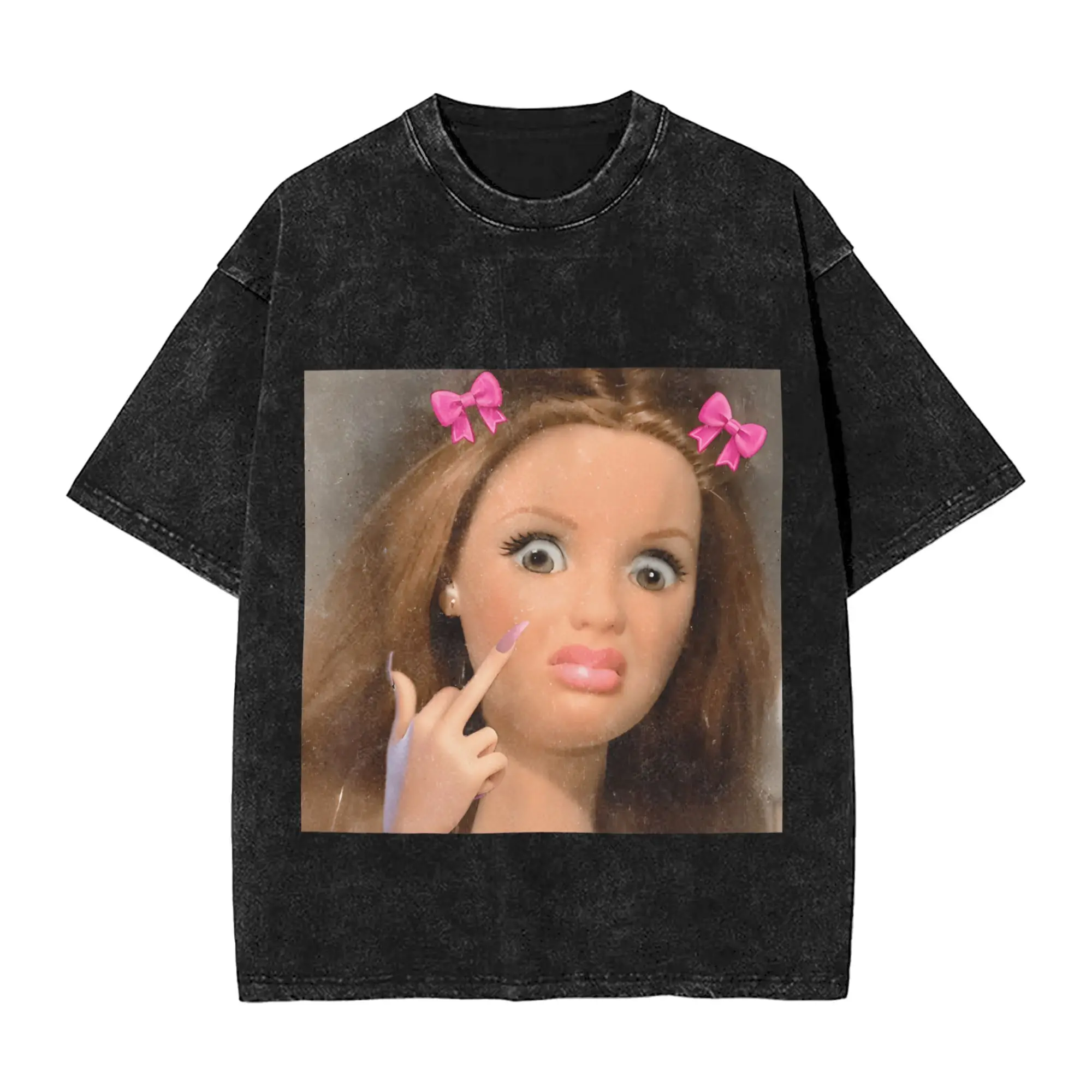 Disgusted Face Meme Doll Babe Washed T Shirt Streetwear Hip Hop Vintage T-Shirts  Tees for Men Women Short Sleeve Oversize