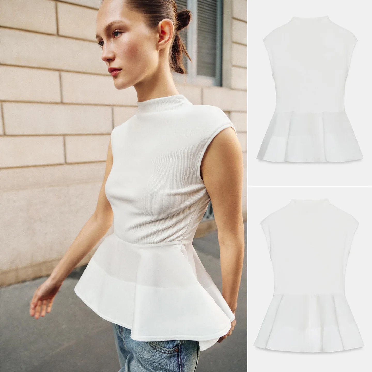 Spring New Women's Sleeveless Half High Collar Patchwork Nine Points Short Skirt Style Bottoming Top Polyester Fiber Slim Fit