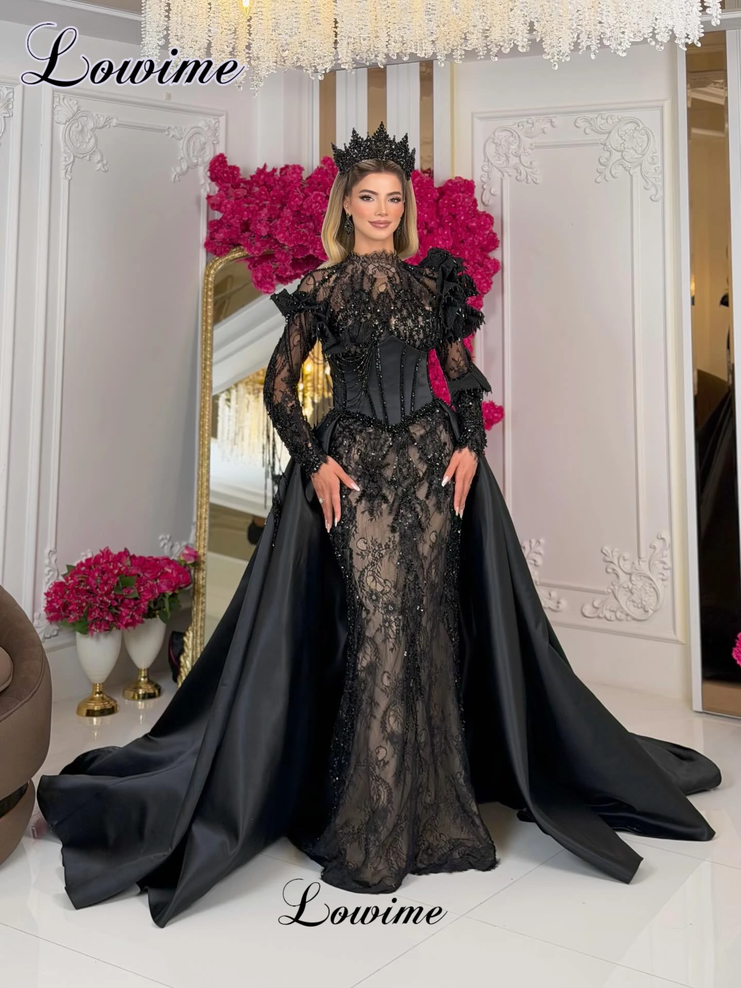 Newest Elegant Black Lace Evening Dresses Long Sleeves Formal Occasion Dresses With Detachable Train Robe De Soirée Customized