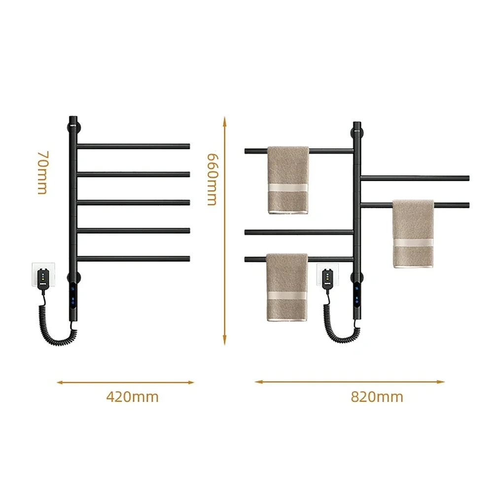 Bathroom Towel Warmer Stainless Steel Smart Electric Heated Towel Rack 45℃-70℃ Temperature Adjustable 1-8h Timing Touch Control