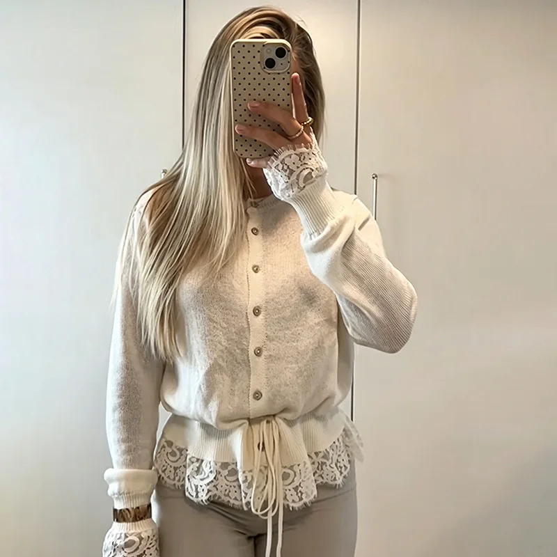 Beige Lace Splice Knit Cardigan Single Breasted Drawstring Waist Long Sleeve Loose Women Casual Knit Outerwear 260802