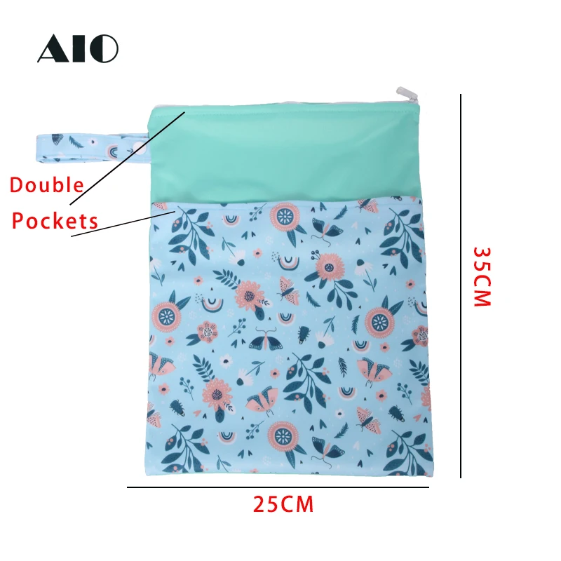 AIO 25*35cm Wet Dry Mammy Bag Multi Reusable Baby Nappies Bag With Double Pocket Cloth Handle Wetbag Waterproof Wholesale