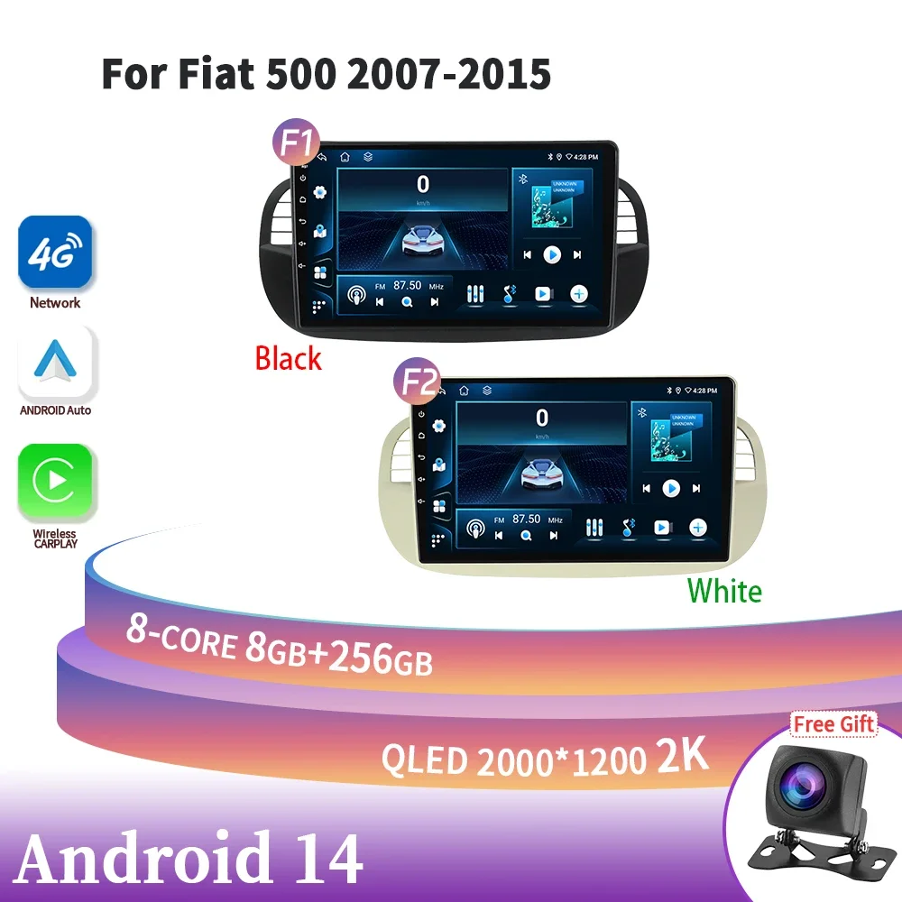 Autoradio For Fiat 500 2007-2015 Head Unit Car Radio Stereo 4G GPS Navigation Carplay Multimedia Android 14 Touch Screen Stereo