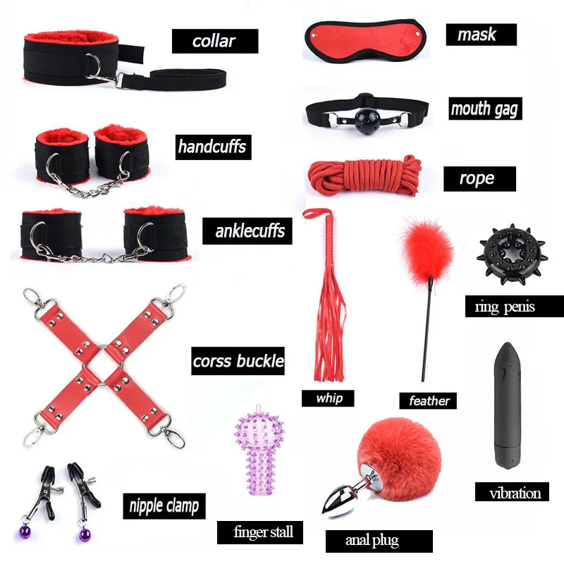 Women's Erotic Nylon Bondage BDSM Kit with Handcuffs Sex Whip Mouth Gag Rabbit Tail Anal Plug for Adult Games view 5