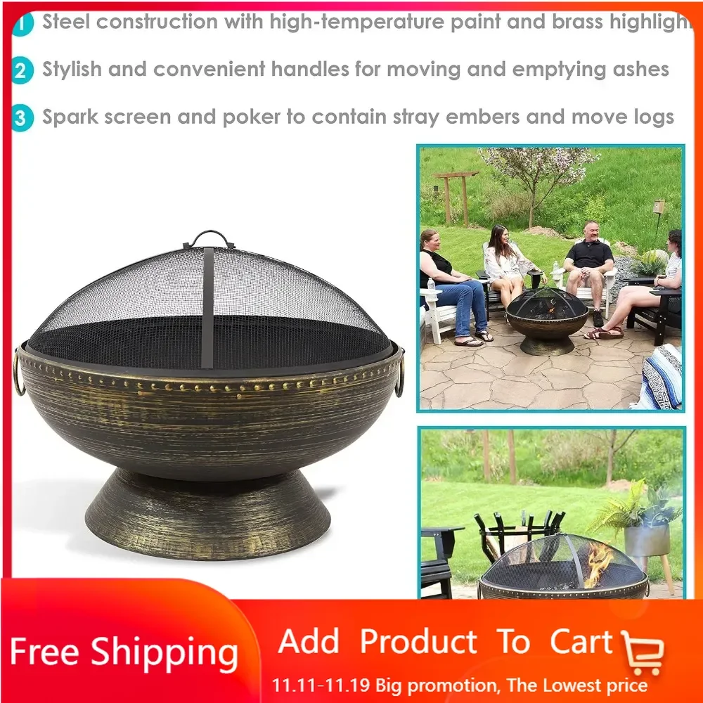 30-Inch Fire Pit Bowl with Spark Screen, Fireplace Poker, and Metal Grate - Black High-Temperature Paint Finish