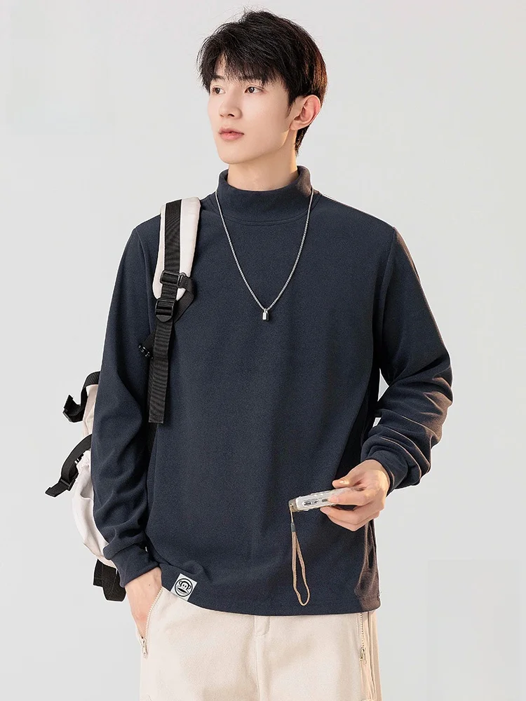 

Мужская свободная футболка с длинным рукавом, повседневный топ с высоким воротом, удобная одежда из смесового полиэстера для осени, для молодежи