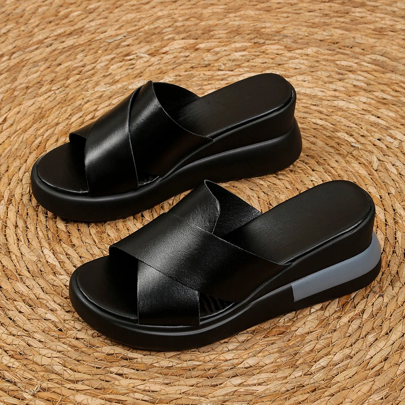 Sandal Wedge ukuran Plus wanita, sandal selempang hak tinggi modis musim panas