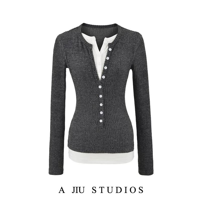 

Повседневный корейский вязаный свитер с воротником Генри, женский облегающий базовый внутренний свитер, топ, осенний сезон, модный тренд