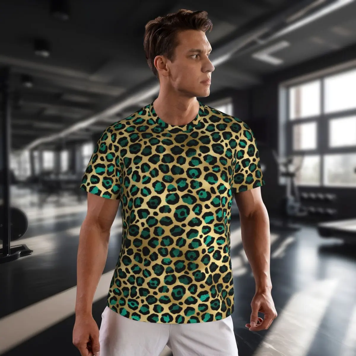 Teal And Gold Leopard T Shirt Male Spots Print Streetwear Sports T-Shirts Quick Dry Summer Trending Tees Graphic Big Size Tops