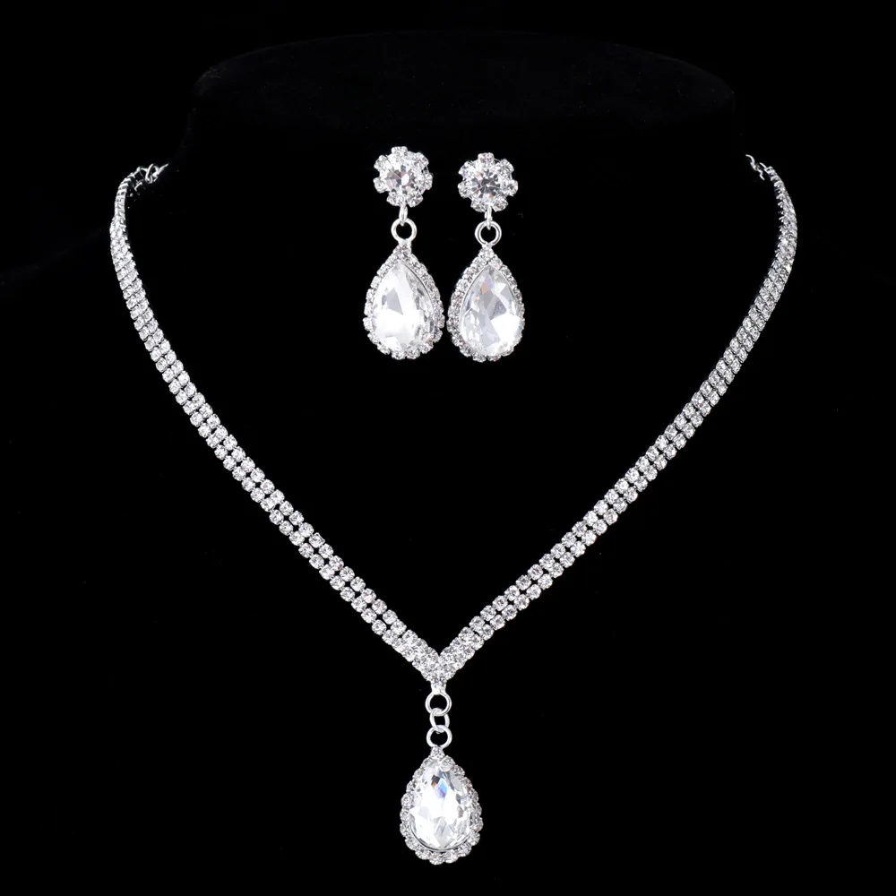 TREAZY Fashion Waterdrop StyleCrystal Women Jewelry Sets Sparkly Rhinetsones Necklace Earrings Bride Wedding Party  Jewelry Set