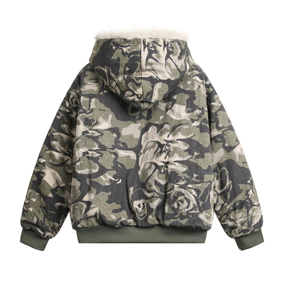 Herren Camo Blumenmuster Kunstfell Kapuzen-Bomberjacke Winter Dicke Fleece-Gefütterte Kurze Gefütterte Jacke Lose Y2K Streetwear Männliche Freizeit-Oberbekleidung – Detail 4