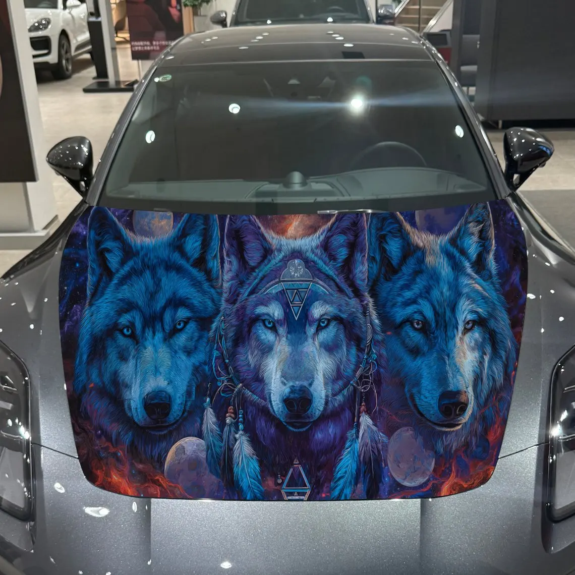 Cosmic Wolf Trio Artistic Aesthetic Journey PVC Car Hood Wraps, Self-Adhesive Waterproof Car Bonnet Decal Sticker, Car Decoratio