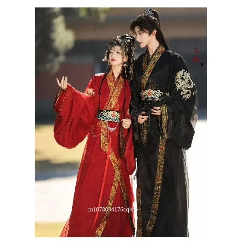 

Pre Ancient Chinese Hanfu Men Women Old Warrior States Period Embroidery Long Robe Vintage Wedding Halloween Event Clothing