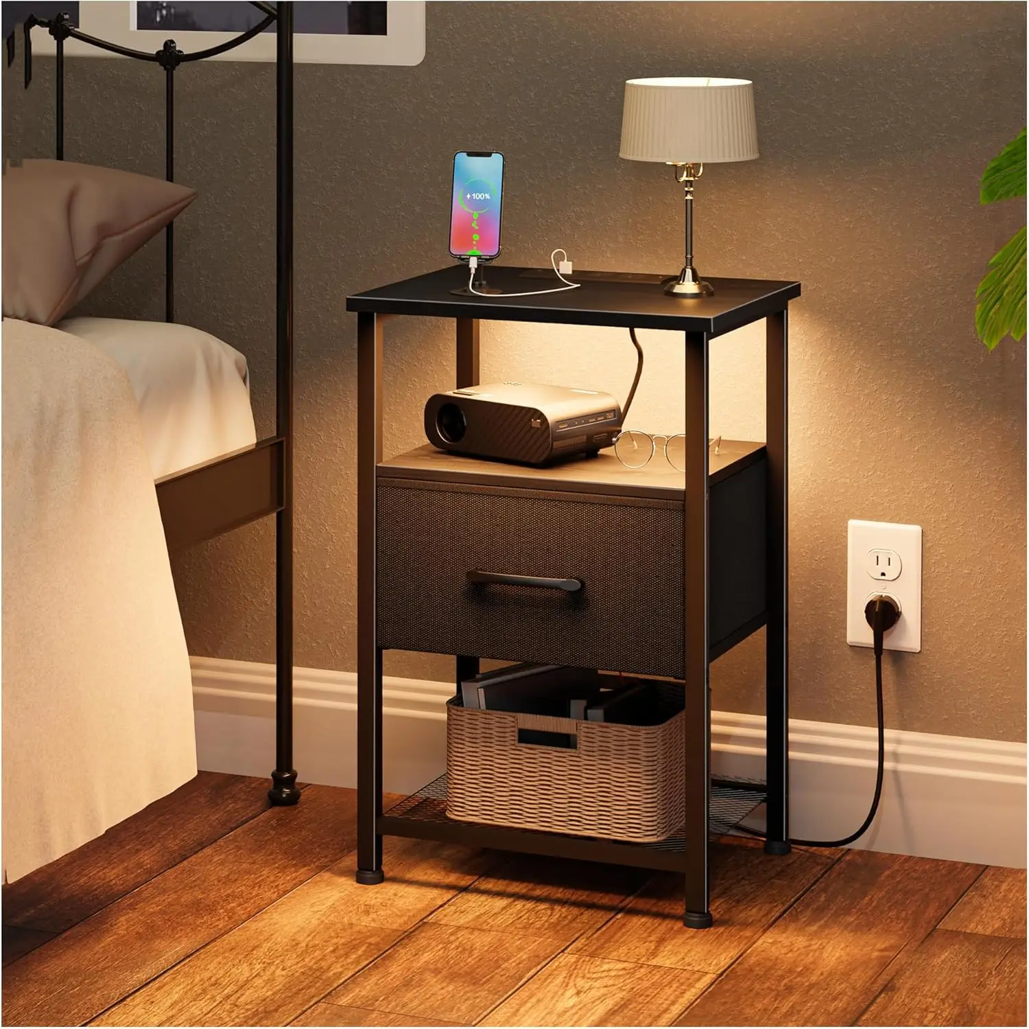 

Nightstand With Charging Station And Drawer, End Table Bedside Table With 20 Colors Led Light Strip And 2 Layers Shelf For