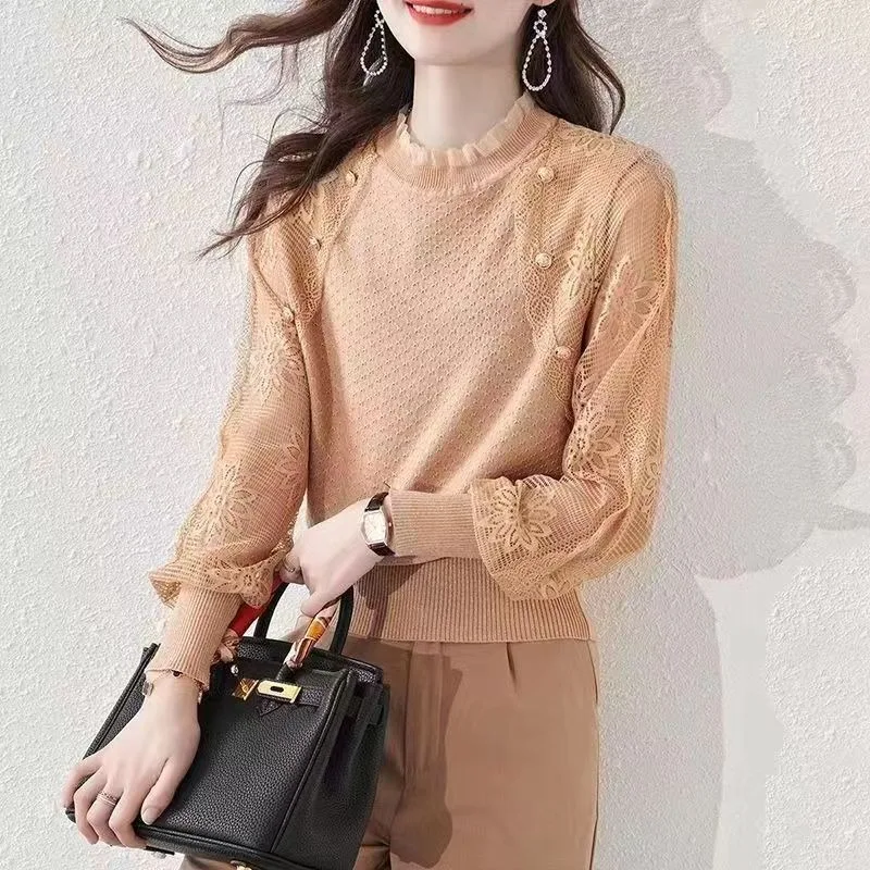 Women Sweater Lace Sleeve Patchwork Korean Fashion Style Clothes Casual Solid Color Loose Spring Autumn Knitwear