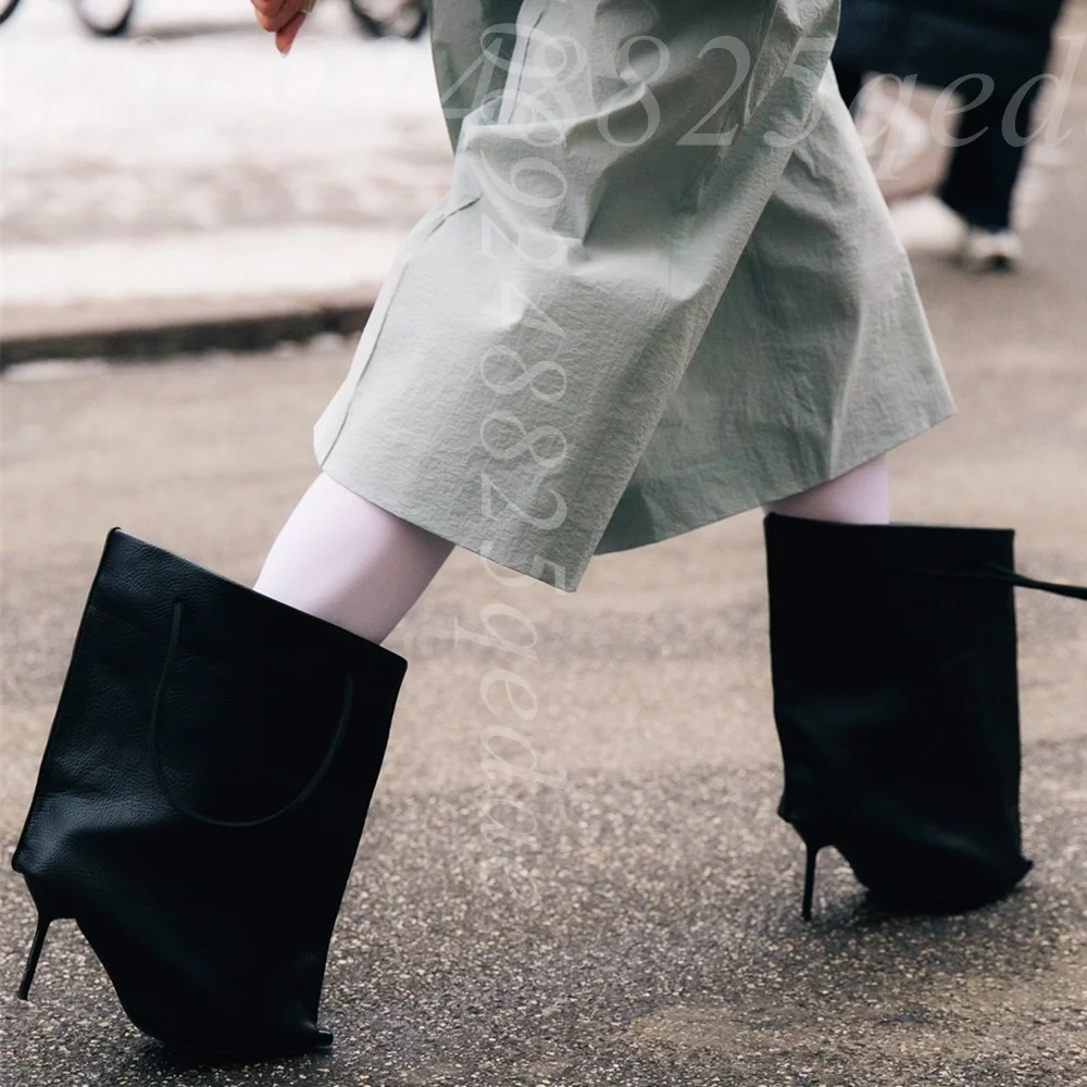Women's Brown Textured Upper Peep-Toe Ankle Boots Slip-On Style, Thin Stiletto Heel, Unique Bag-Shape String Decor Fashion Shoes