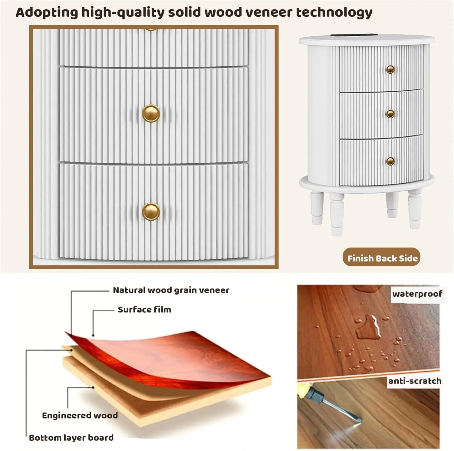 Round End Table With Charging Station, Wood Side Table With Storage For Small Spaces, White Nightstand With 3 Drawers, Couch