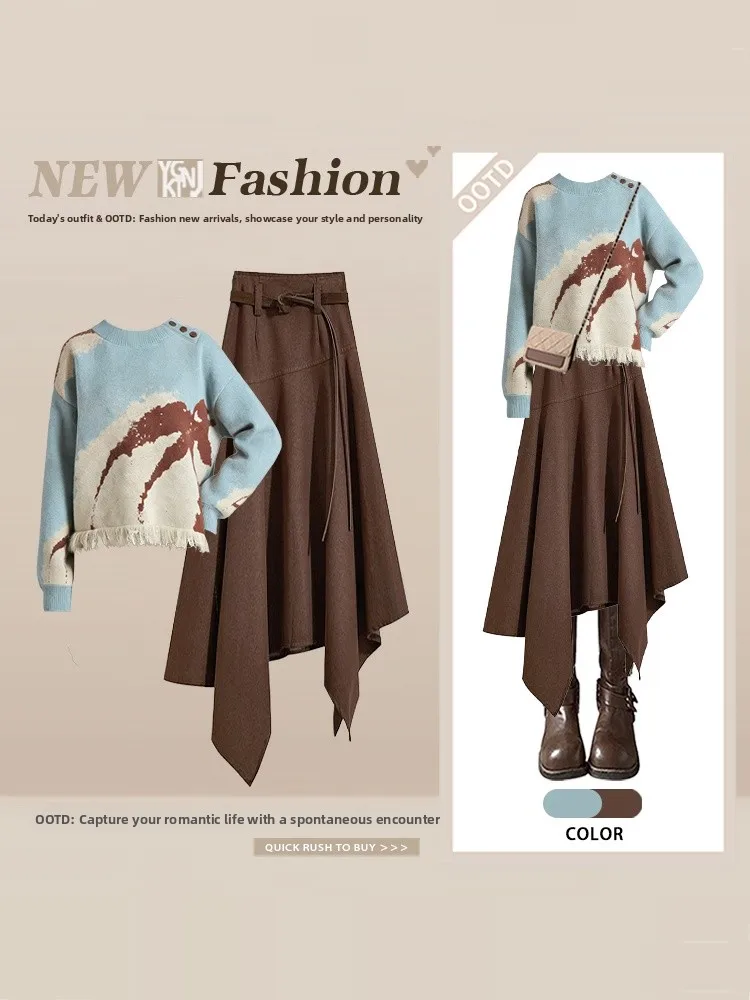 

Tassel Knitted Sweater Asymmetrical Skirt Two-Piece Set Women Winter Faion Anti-Aging Clothing Casual Sle