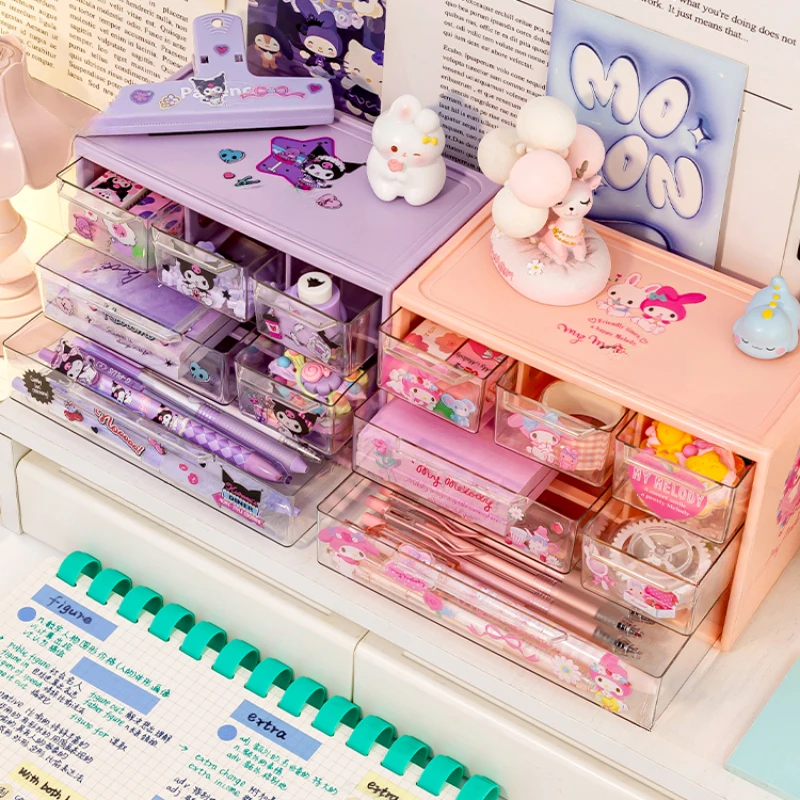 Imagem -06 - Sanrio Desktop Gaveta-tipo Storage Box Organizador Transparente Desk Pen Holder Enviar Kuromi Melodia Cinnamoroll Adesivos Grade