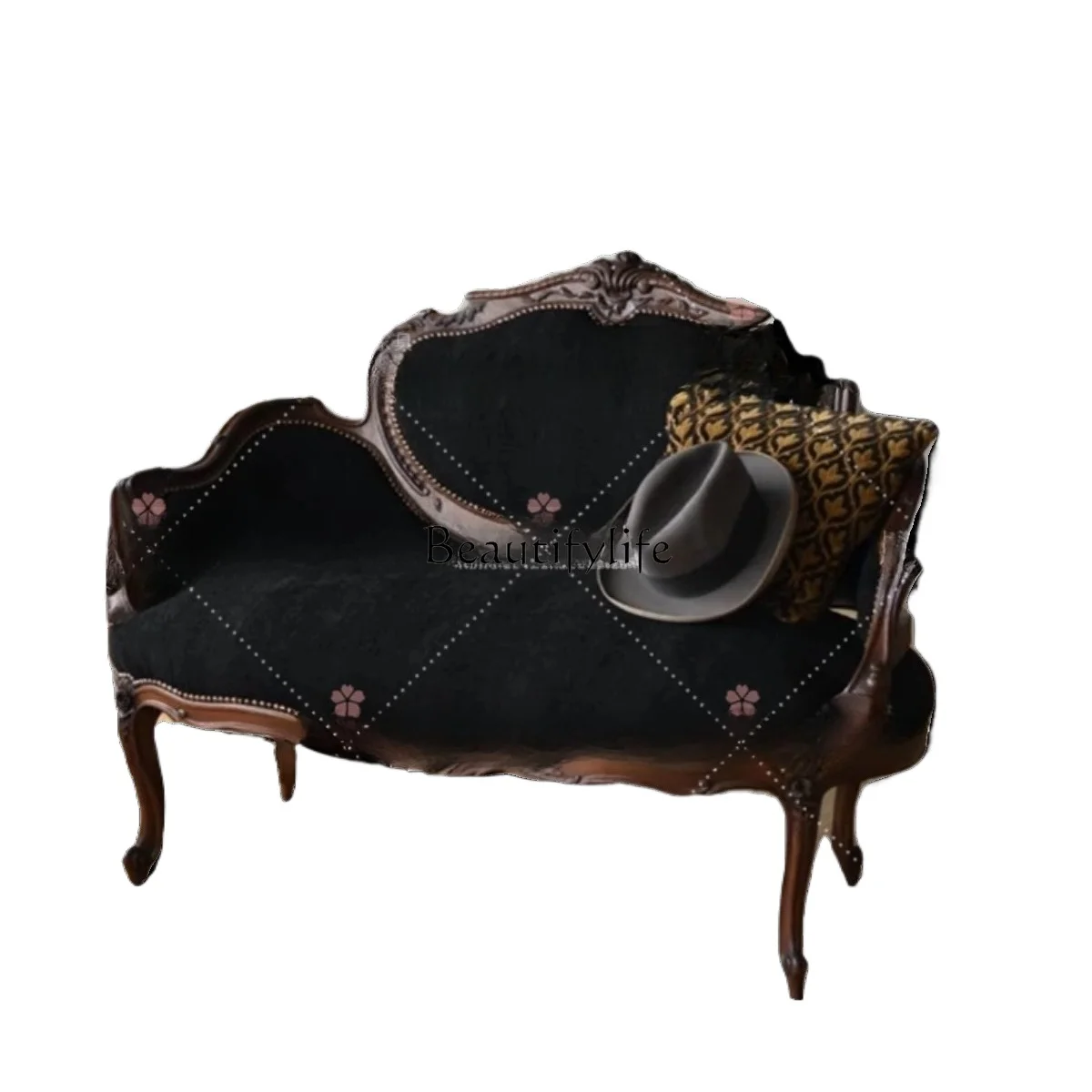 

French retro solid wood fabric carved home double sofa American antique villa club photo studio image chair