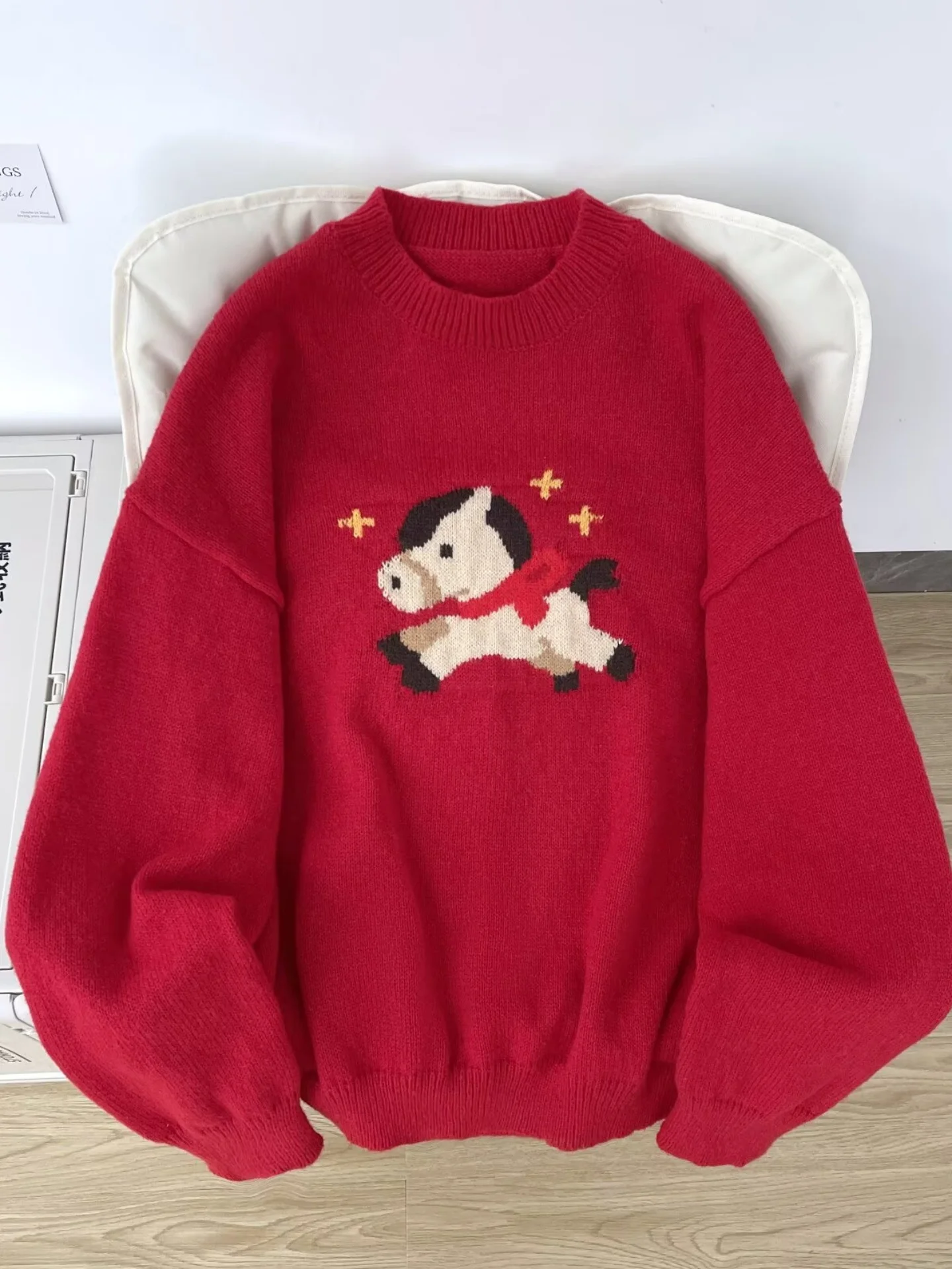 

Красный вязаный свитер мужской свободного кроя с круглым вырезом, повседневный пуловер для дома, свиданий, прогулок, ежедневных поездок, удобный, дышащий