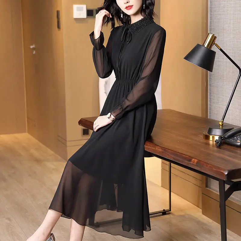 Spring Autumn Peter Pan Collar Beading Dresses Elegant A-Line Waist Women\'s Clothing Drawstring Commute Polka Dot Midi Dress New