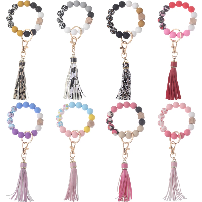 1Pcs Colorful Print Pattern Silicone Beaded Keychain Wood Beads Bracelet Keyring Leopard With Tassel Key Chain Backpack Pendant