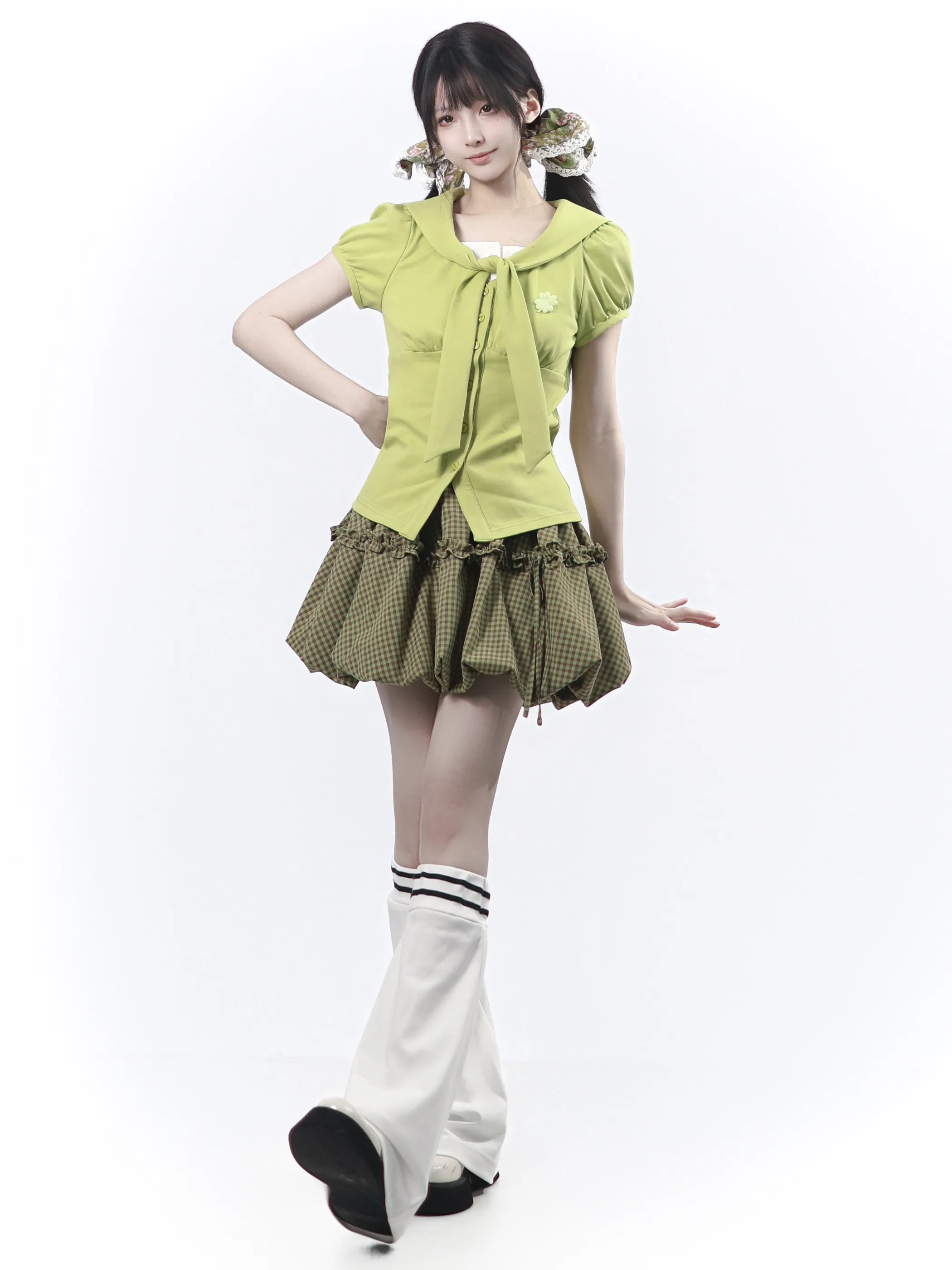 2 Styles Matching Best Friend Outfits Women Fresh Green Puff Short Sleeve Top Plaid Skirt & Shorts Two Piece Casual Set