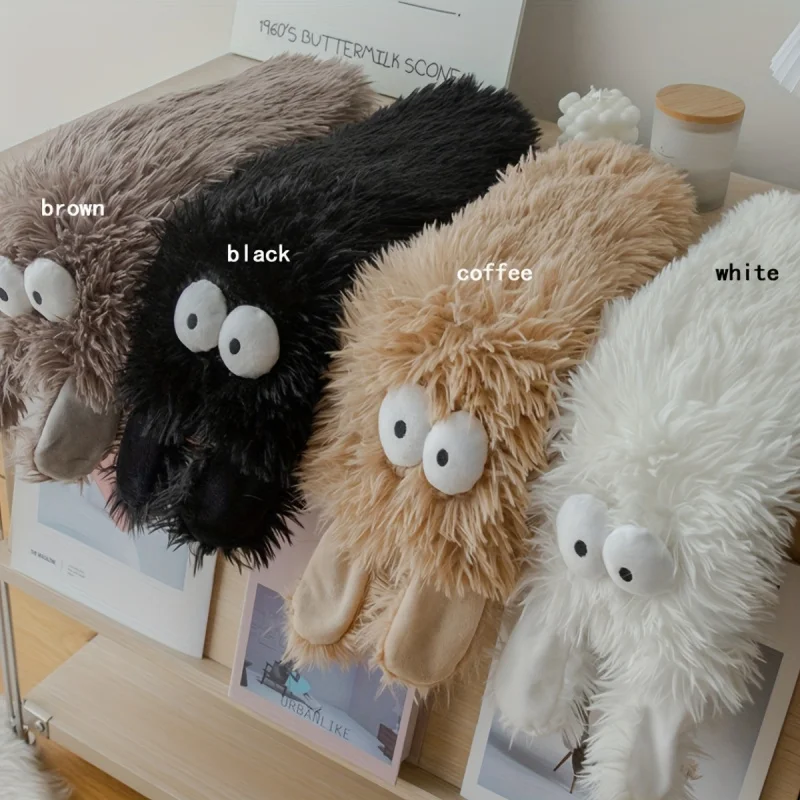 Women's Plush Slippers with Big Eyes Fluffy Ears Cozy Winter Warm Ankle-Height House Cute Sheep-like Monster Footwear Gift