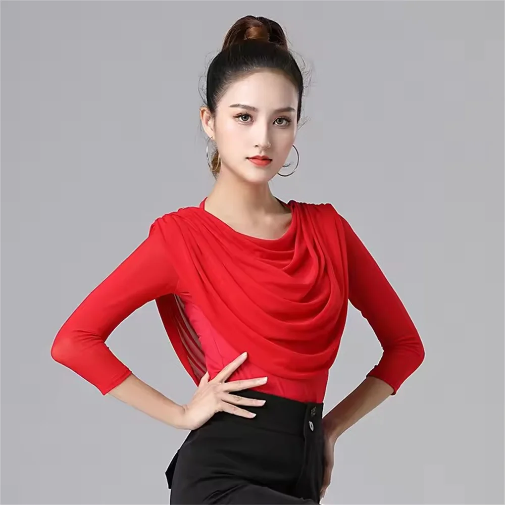

Women Elegant Slim Fit Ruffle Tassels Tops Dance Sports Costume Red Latin Top Waltz Adult Modern Wear Solid Color Samba Clothing